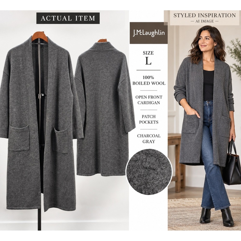 J.McLaughlin Cardigan Womens Boiled Wool Open Front Gray Large Excellent Classic